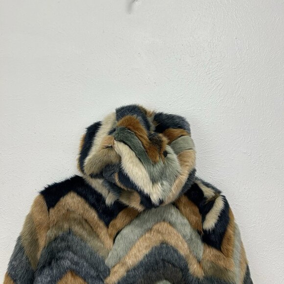Forever 21 Faux Fur Colorful Chevron Hooded Coat  Unique Mob Wife Retro Bold M - Picture 8 of 13